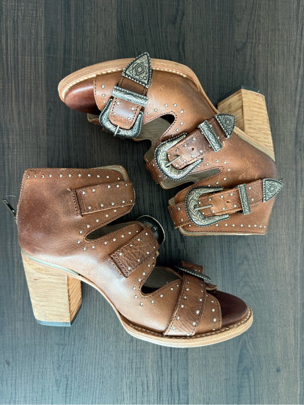 Freebird by Steven Brown Leather Western Buckle Block Heel Sandals
